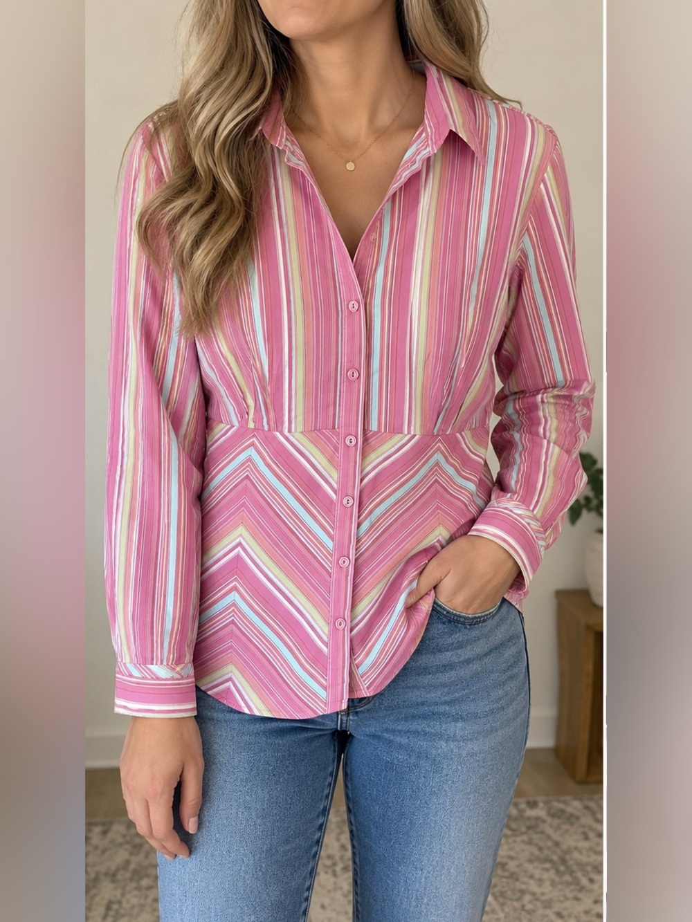 Cato Pink Multi-Stripe Button-Up Shirt Size 22/24W